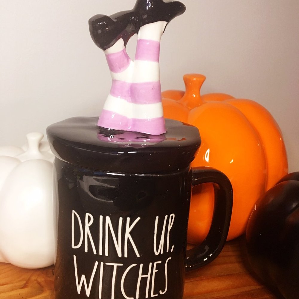 Rae Dunn Halloween Drink Up Witches Topper Mug with Witch Legs
